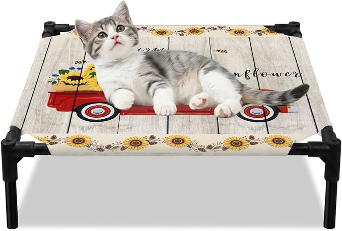 Outdoor Elevated Dog Bed for Small Dogs, Sunflowers Breathable Cooling Raised Dog Cot for Indoor/Outdoor, Country Botanical Bees Red Truck Wooden Plank Waterproof Elevated Pet Beds, S 20 x 20 in