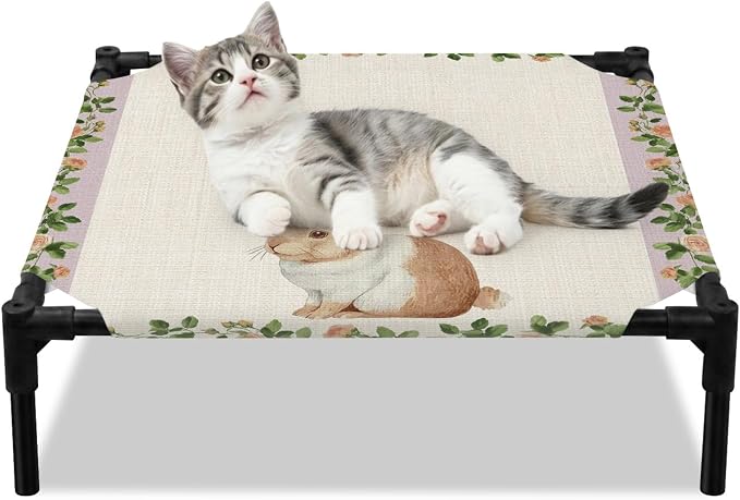 Outdoor Elevated Dog Bed for Small Dogs, Country Bunny Breathable Cooling Raised Dog Cot for Indoor/Outdoor, Farmhouse Rustic Flower Leaf Plant Beige Waterproof Elevated Pet Beds, S 20 x 20 in