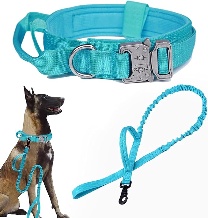 Tactical Dog Collar and Leash Set for Large Dogs with Control Handle,Blue | 1000D Heavy-Duty Nylon Fabric,Quick-Release Metal Buckle,Adjustable Fit,Soft-Padded Webbing,D-Ring,for Training & Hiking,XXL
