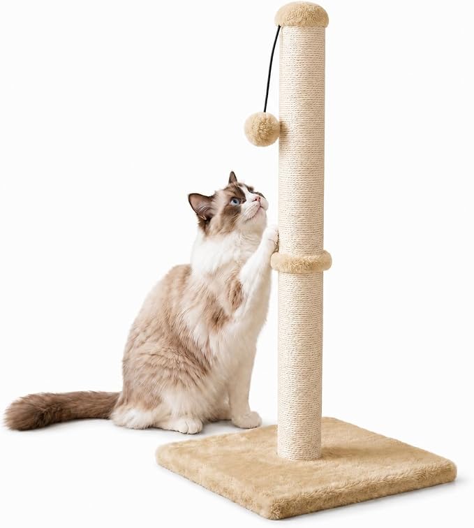 Dimaka 29" Height Tall Cat Scratching Post, Claw Scratcher with Sisal Rope and Covered with Soft Smooth Plush, Vertical Scratch [Full Strectch] for Standard Size Cats (Light Brown, 29 inches)
