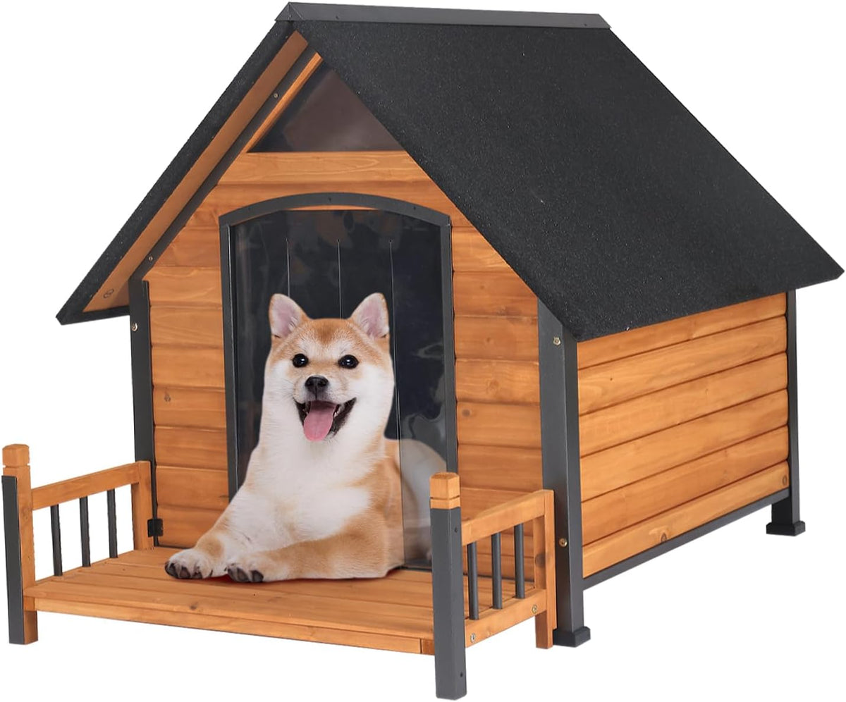 Large Dog House Outdoor Weatherproof Dog Kennel with Anti-Chewing Iron Frame, Dog Shelter for Large Breed with Porch (Brown, 50.9" D x 37.4" W x 37.2" H)