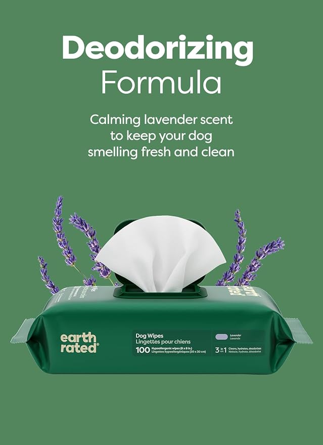Earth Rated Dog Wipes, Hypoallergenic, Cleaning and Hydrating, for Grooming Paws, Body and Butt, Lavender Scented, 400 Count