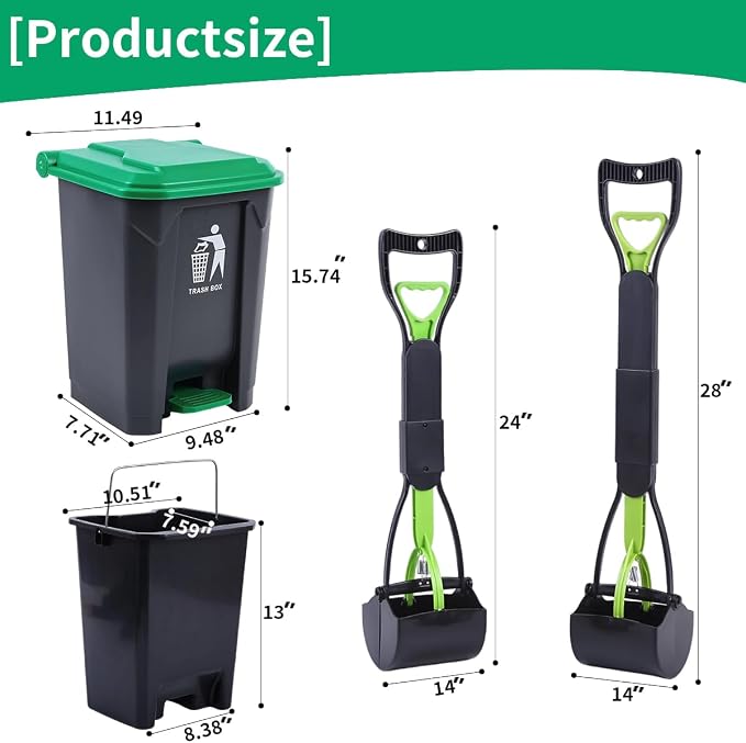 Pooper Scooper 2 Pack with 20 Litre Step Dog Poop Trash Can, 28" Long Handle Dog Poop Scoopers for Large Small Dogs Heavy Duty, Removable Inner Bucket for Outdoors, 50 Waste Bags Included (Green)