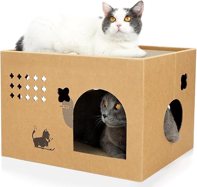 Cat Cardboard House with 2 PCS Scratching Pads，Large Cat Scratcher Bed Cat Scratchers Lounge for Indoor Cats with Corrugated Board Detachable Cat Scratcher Box for Cats(Cactus)