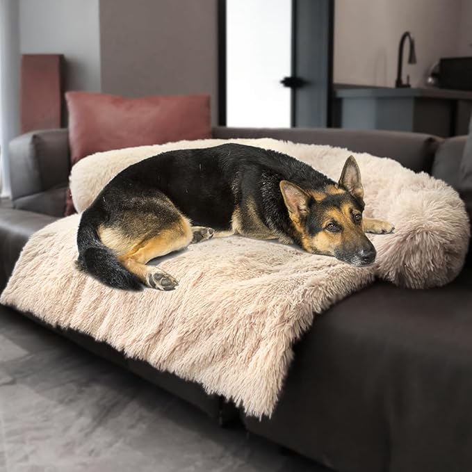 Luxurious Calming Dogs/Cats Bed Mats, Dog Pad Washable Removable Couch Cover, Plush Long Fur Mat for Pets, Waterproof Lining, Perfect for Small, Medium and Large Dogs and Cats (Beige, 45"x37")