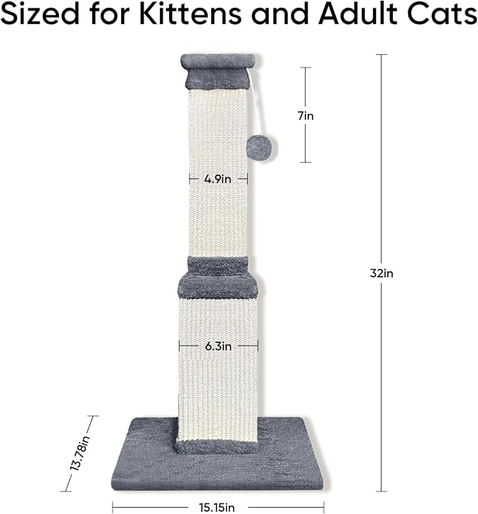 Cat Scratching Post, 32 Inch Cat Scratching Posts for Large Cats, Scratching Posts for Indoor Cats Adults, Cat Scratch Post with Nature Sisal, Light Gray
