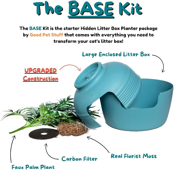 Good Pet Stuff Original Hidden Litter Box Planter, Decorative Cat Litter Enclosure with Carbon Filter, Artificial Palm Plant, Upgraded Design, Easy to Clean, Base Kit, Caribbean Blue