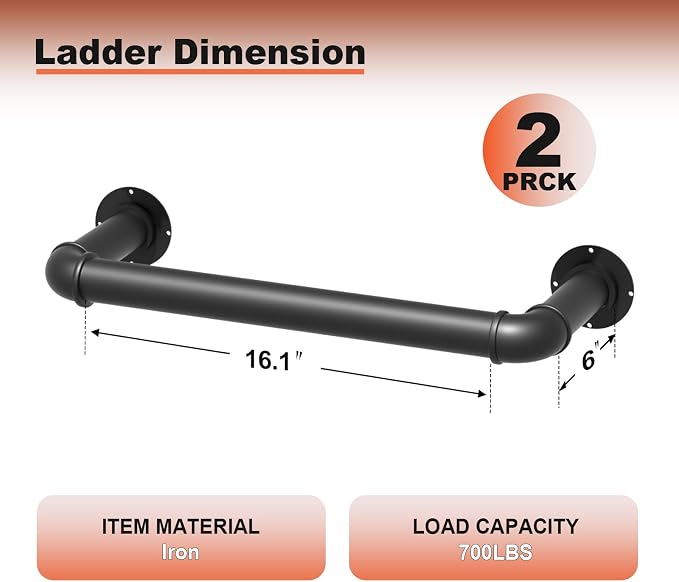 1-Rung Wall Mounted Ladder, Heavy-Duty Metal 1FT Egress Window & Loft Ladder for Basement, Attic Bunk Bed, Fire Escape - 700LBS Load, Matte Black-2PCS