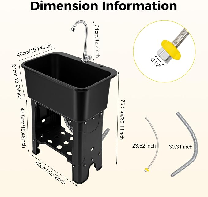 Plastic Outdoor Sink Utility Tub with Hose Hook Up Black | 110.23 lbs Load Capacity, 360° Swivel Faucet, Includes Washboard, Bottom Storage Board, Suitable for Garages and Gardens