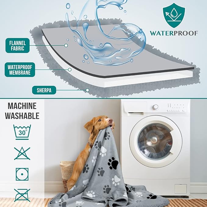 PetAmi Waterproof Dog & Cat Blanket, Pee Proof for Couch, Reversible, Soft Fleece, Washable, 24x32 Paw Gray