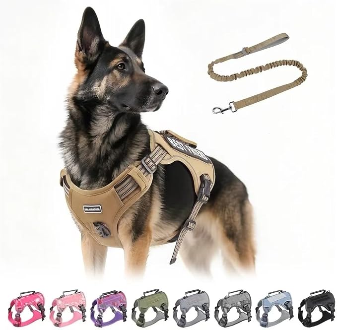 Tactical Dog Harness with Leash for Large Dogs, No Pull Adjustable Dog Harness, Reflective K9 Working Pet Vest for Walking, Training (Khaki, XL)