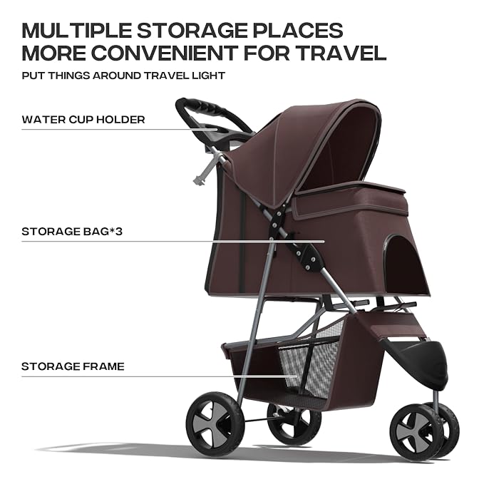 Pet Stroller for Small Dogs 10 lbs, Dog Stroller for Medium Dogs 30 lbs, Cat Strollers for 2 Cats, 3 Wheels Foldable Jogger Puppy Stroller with Storage Basket and Cup Holder, Coffee