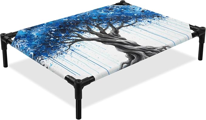 Outdoor Elevated Dog Bed for Medium Dogs, Blue Trees Breathable Cooling Raised Dog Cot for Indoor/Outdoor, Boho Nature Branch Leaf Plants Landscape Waterproof Elevated Pet Beds, M 24 x 20 in