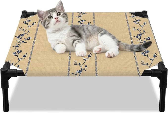 Outdoor Elevated Dog Bed for Small Dogs, Khaki Flower Branch Breathable Cooling Raised Dog Cot for Indoor/Outdoor, Spring Summer Farmhouse Botanical Waterproof Elevated Pet Beds, S 20 x 20 in