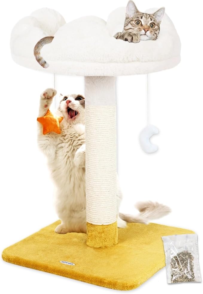 Happi N Pets 28" Tall Cat Scratching Post with Bed, Small Cat Tree for Indoor Cats, Thick Cat Scratch Post with Cloud-Shaped Soft Perch & Cute Toys, Stable Cat Stand, Removeable Cover, Bounus Catnip