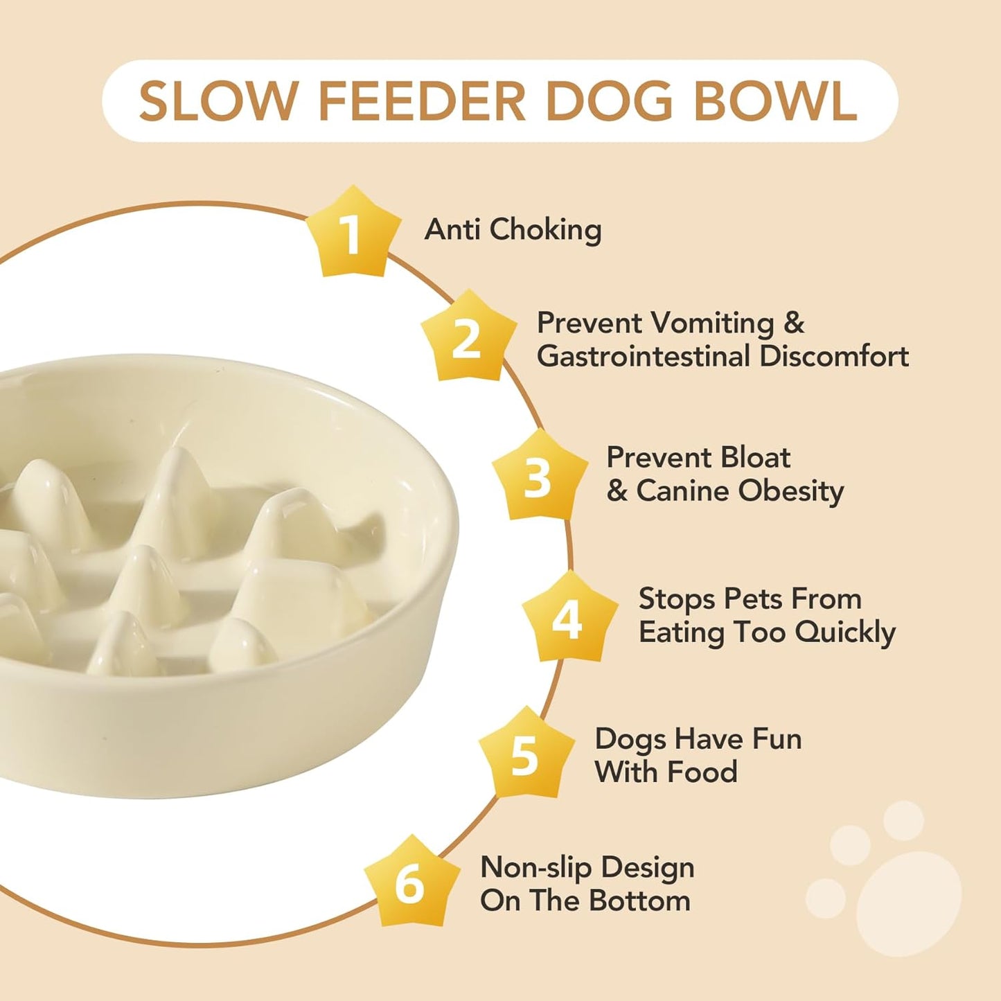 7.3inch Ceramic Dog Raised Slow Feeder Set, Elevated Bowl with Wooden Stand for Medium and Small Dog, Slow Feeder Dish for Fast Easters, Preventing Choking(Beige, Single Bowl+ Stand)