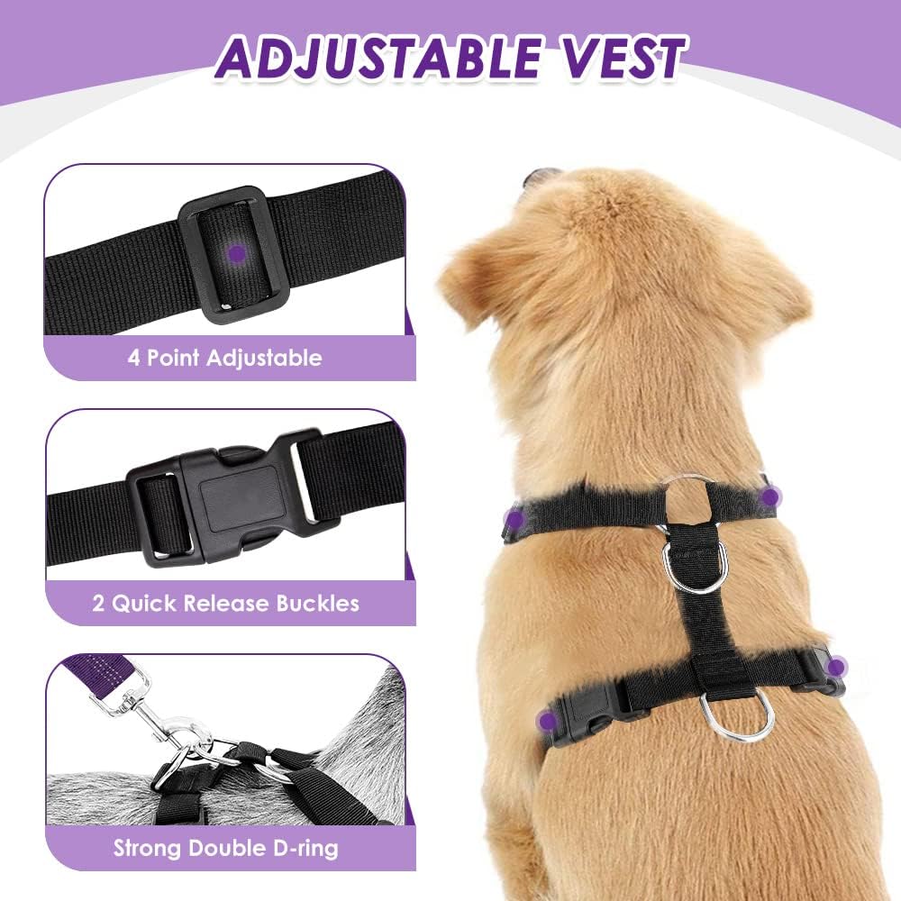 Lukovee Dog Safety Vest Harness with Seatbelt, Seat Belt Adjustable Pet Harnesses Double Breathable Mesh Fabric with Car Vehicle Connector Strap for Dog (Medium, Purple)