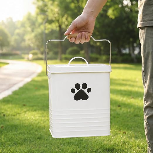 1.85Gal/7L Small Outdoor Trash Can with Lid, Metal Dog Poop Trash Can Outside, Dog Waste Container Bucket Handle(75 Trash Bags Included)-White