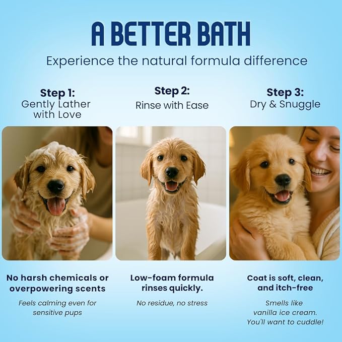 Scrubby Tails Organic Dog Shampoo - Puppy Oatmeal Shampoo for Itchy Skin Relief - Hypoallergenic for Sensitive Skin, for Dogs of All Ages, Deodorizes, Tearless, Made in USA, 16oz (Vanilla Ice Cream)