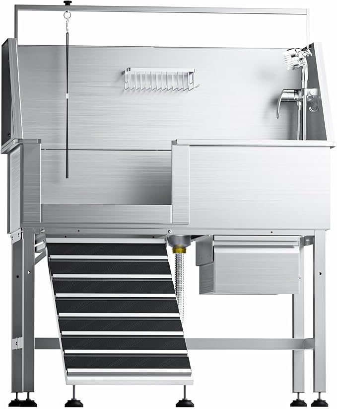 46" Dog Washing Station, Leak-Proof 304 Stainless Steel Dog Bathtub with Non-Slip Removable Left Ramp & Storage Drawer, Elevated Pet Wash Station for Large Dogs, Garage & Outdoor Use (Left Ramp)