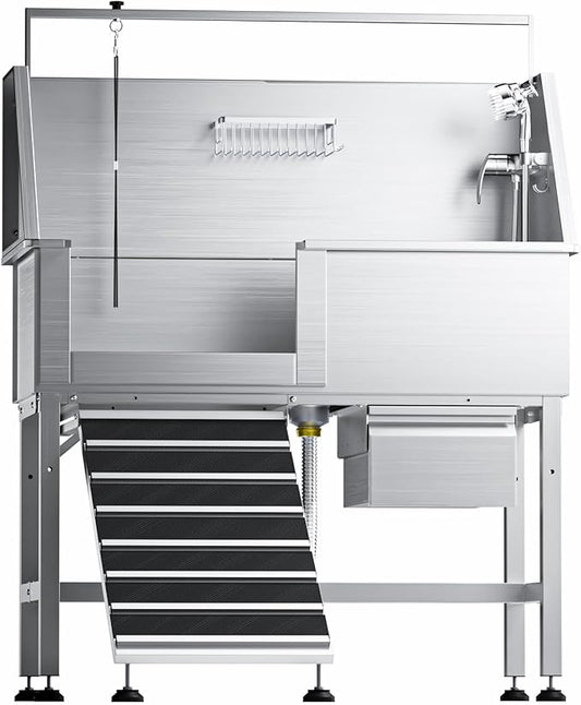 46" Dog Washing Station, Leak-Proof 304 Stainless Steel Dog Bathtub with Non-Slip Removable Left Ramp & Storage Drawer, Elevated Pet Wash Station for Large Dogs, Garage & Outdoor Use (Left Ramp)