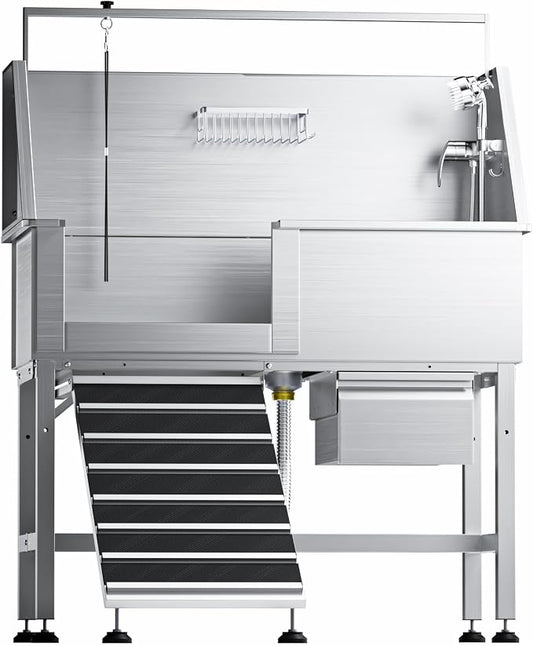 46" Dog Washing Station, Leak-Proof 304 Stainless Steel Dog Bathtub with Non-Slip Removable Left Stair & Storage Drawer, Elevated Pet Wash Station for Large Dogs, Indoor & Outdoor Use (Left Ramp)