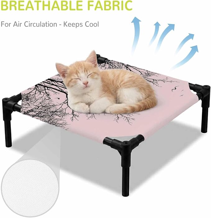 Outdoor Elevated Dog Bed for Small Dogs, Pink Black Branches Breathable Cooling Raised Dog Cot for Indoor/Outdoor, Botanical Dead Tree Birds Waterproof Elevated Pet Beds, S 20 x 20 in
