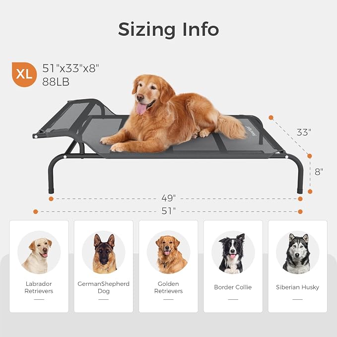 Sweetnight Elevated Dog Bed, Headrest Raised Cot for Large Dogs | 51 Inch Waterproof Heavy Duty Steel Frame Bed, Supports 88-100 lbs XL Large Dogs, Easy Assembly Outdoor Indoor Pet Cot
