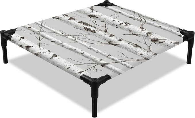 Outdoor Elevated Dog Bed for Small Dogs, White Branch Breathable Cooling Raised Dog Cot for Indoor/Outdoor, Natural Tree Forest Country Mottled Trunk Plants Waterproof Elevated Pet Beds, S 20 x 20 in