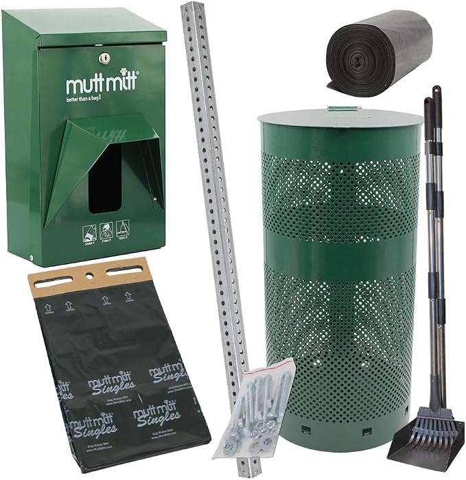 Mutt Mitt® Aluminum Low Profile Dog Waste Station - Gloss Green | Singles | Compact aluminum station with 400 header bags, 25 liners, 12-gal can, locking dispenser, post & hardware included