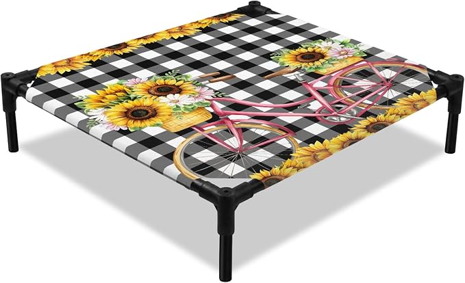 Outdoor Elevated Dog Bed for Small Dogs, Sunflowers Bicycle Breathable Cooling Raised Dog Cot for Indoor/Outdoor, Summer Budding Botanical Floral Lattice Waterproof Elevated Pet Beds, S 20 x 20 in