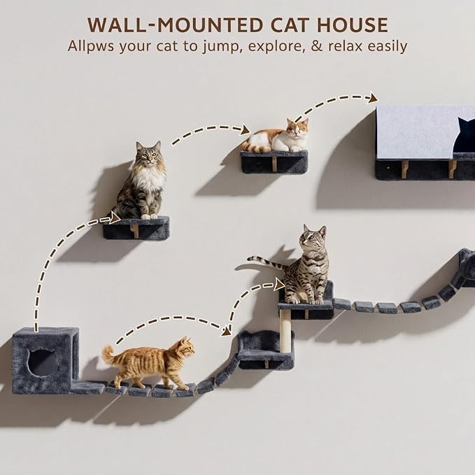 16-in-1 Cat Wall Shelves, Cat Furniture w/Tunnel & Bridge, Grey | Wall Mounted Cats Shelf Set with Plush Fabric, Cat Climbing Wall Systems for 16 Inch Drywall, with Scratching Posts, Condos