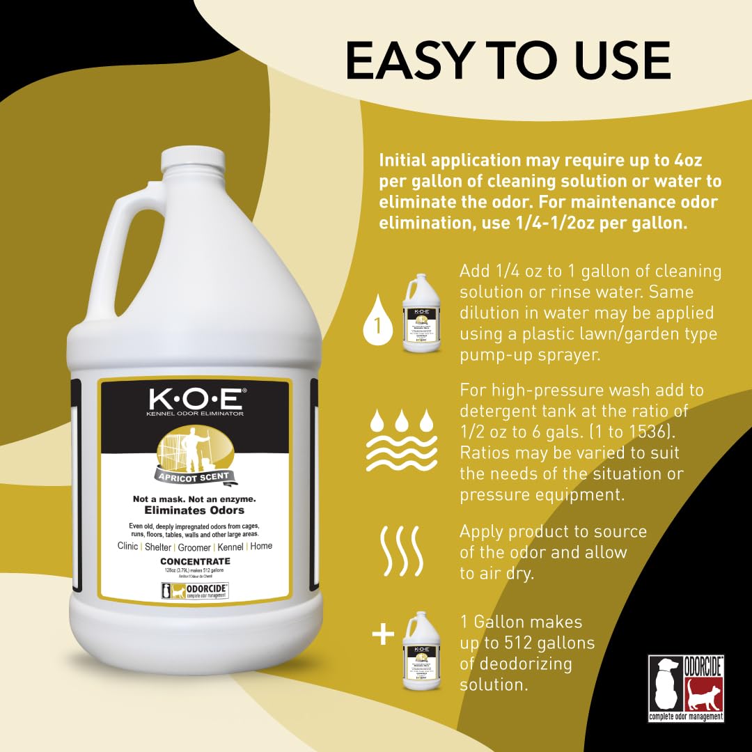 Odorcide K.O.E. Apricot Odor Eliminator Concentrate for Strong Odor for Cages, Runs & More – Home & Kennel w/Safe, Non-Enzymatic Formula - 128 oz