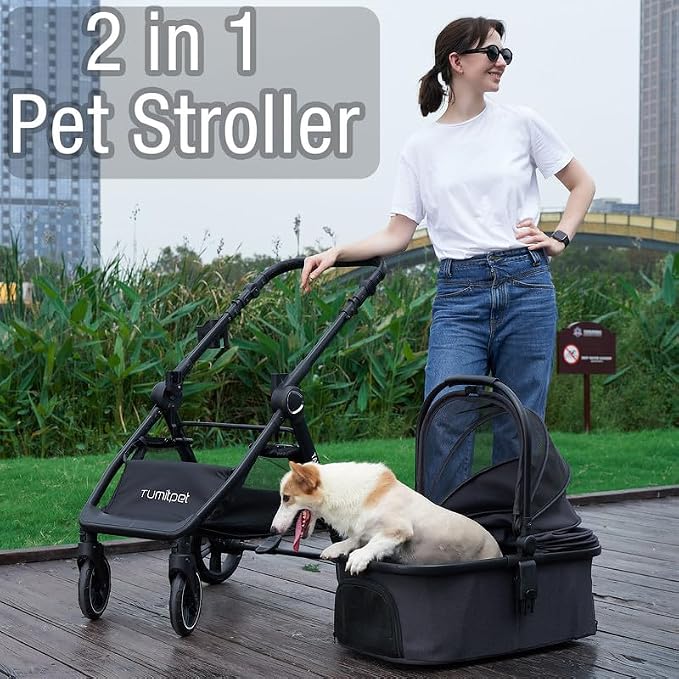 Tango Pet Stroller, 2 in 1 Dog Stroller for Small Medium Dogs | Adjustable Handler Removable Carrier Folding Dog Carriage for Travel