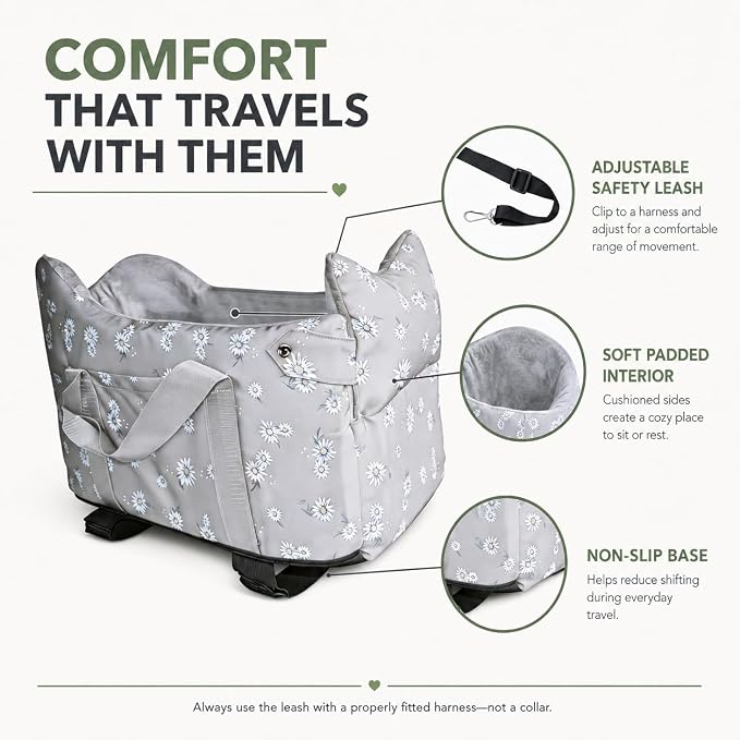 Center Console Dog Car Seat for Small Dogs 5-15 lbs, Gray | Portable Puppy Armrest Booster with Anti-Collapse Support, Washable Fluffy Cushion and Pillow,