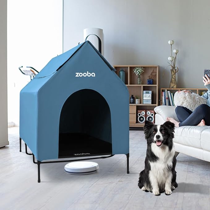 Zooba 48in XL Dog House Outdoor, Elevated Dog Bed with Canopy, Blue | Weather-resistant 600D PVC canopy, breathable 2x1 Textilene elevated bed, steel frame; indoor or outdoor; easy to clean