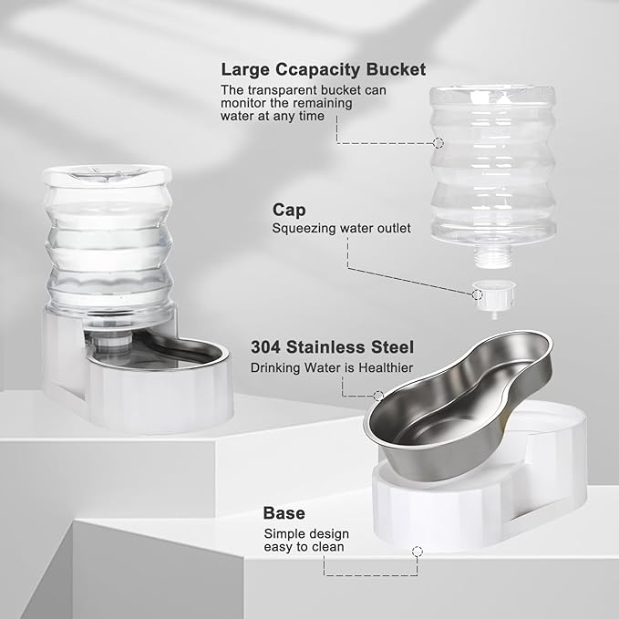 RIZZARI 4L Gravity Cat Water Dispenser: Filter-Free Compact Home Use | No Power Needed/Stainless Steel Bowl/Spill-Resistant Base/Perfect For Cats & Small Dogs/Easy Water Refill