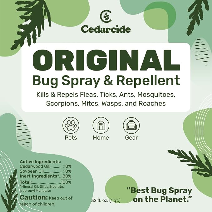Cedarcide Original Bug Spray | Repel & Kill Fleas, Ticks, Mosquitoes, Mites, Ants & Chiggers | Natural Cedar Oil | Eco-Friendly | Quart