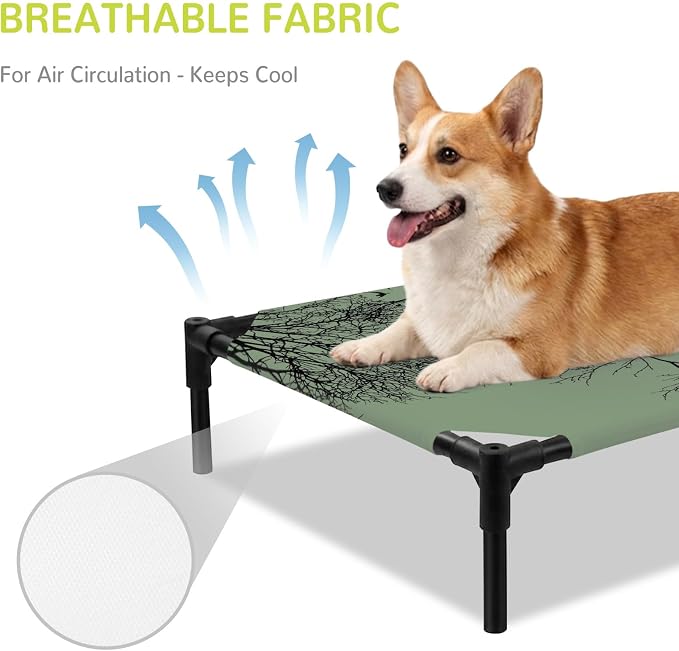 Outdoor Elevated Dog Bed for Medium Dogs, Green Black Branches Breathable Cooling Raised Dog Cot for Indoor/Outdoor, Botanical Dead Tree Birds Waterproof Elevated Pet Beds, M 24 x 20 in