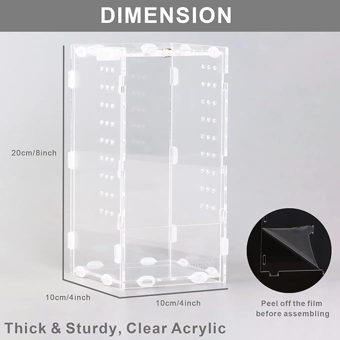 Aiicioo Micro Habitat Terrarium Enclosure 4x4x8 Inches Tarantula Enclosure Box Insect Habitat Clear Acrylic Reptile Feeding Tank for Jumping Spiders Insect Small Tree Dwelling Reptiles