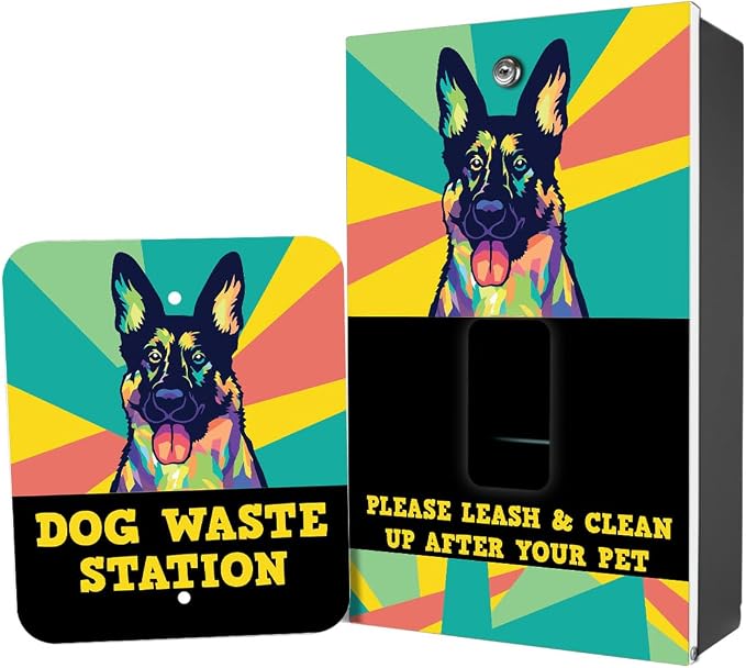 Dispense-Art Collection Pop Art German Shepherd - Custom UV Printed Design on Rust-Proof Aluminum Dog Waste Station with 10-Gallon Lidded Can, 400 Dog Waste Bags & 25 Can Liners