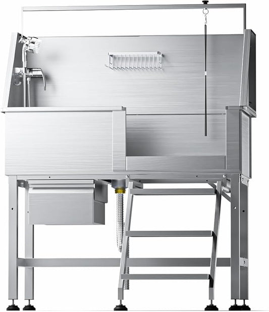 46" Dog Washing Station, Leak-Proof 304 Stainless Steel Dog Bathtub with Non-Slip Removable Left Stair & Storage Drawer, Elevated Pet Wash Station for Large Dogs, Indoor & Outdoor Use (Right Stair)