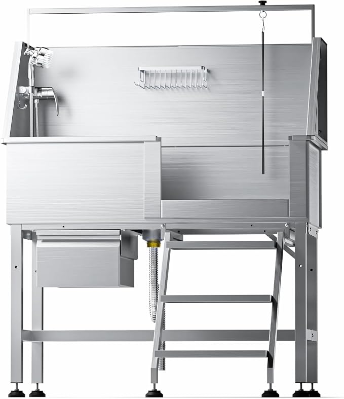 46" Dog Washing Station, Leak-Proof 304 Stainless Steel Dog Bathtub with Non-Slip Removable Left Ramp & Storage Drawer, Elevated Pet Wash Station for Large Dogs, Garage & Outdoor Use (Right Stair)
