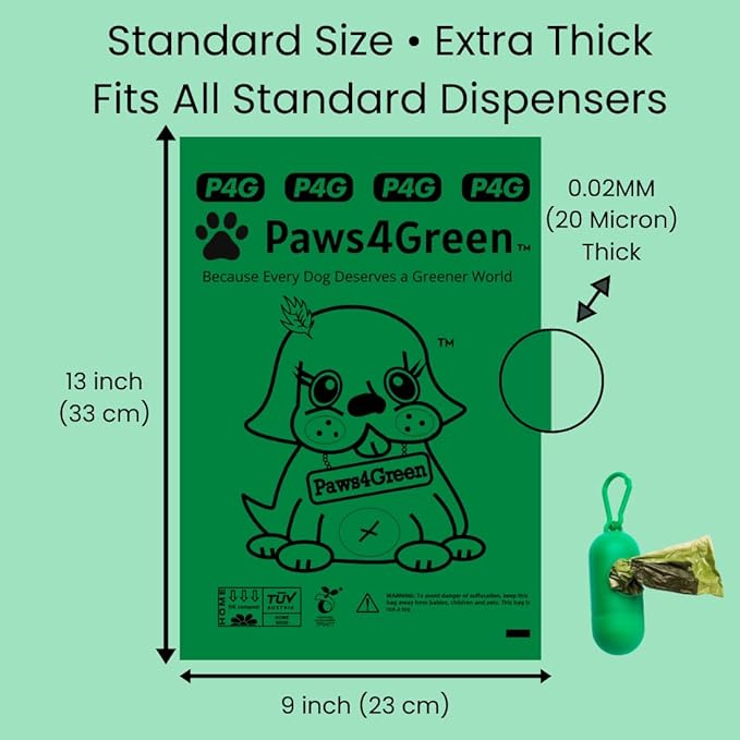 Paws4Green 100% Certified Home Compostable Poop Bags (135 Count 9 Rolls), Plant Based, Extra Thick (20 Micron) Leak Proof, Unscented Standard Size 9 X 13'', ASTM D6400 & EN 13432 Compliant