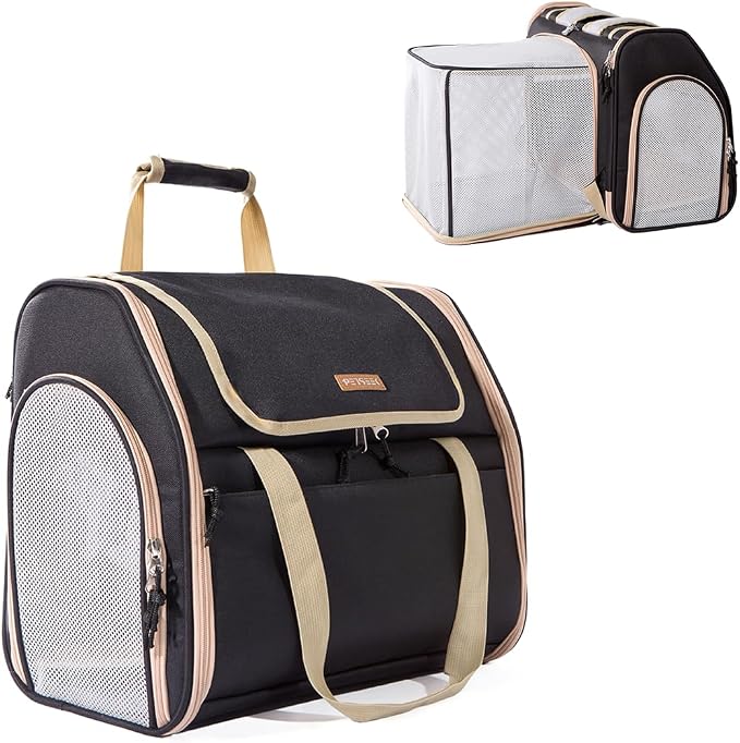 Expandable Cat Carrier Backpack, Foldable Pet Backpack for Small Dog Ferret Rabbit, Airline Approved Breathable Mesh Backpack with Sun Shade for Outdoor, Black, 16x9x13.5 Inch