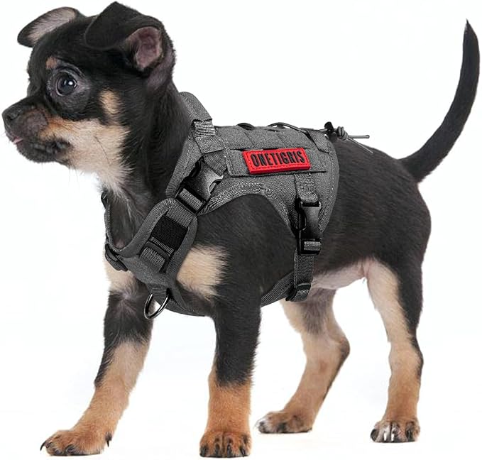 OneTigris Tactical Dog Harness Vest No-Pull Service Dog Vest for Small Dogs | 1000D Pullable Nylon, with Control Handle and Hook & Loop Panels, Easy On & Off, Adjustable for Walking Training Gray XS