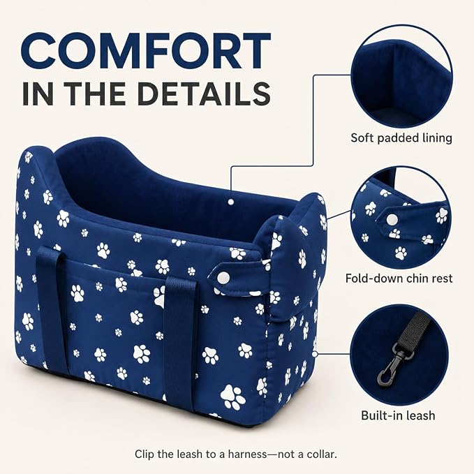 Dog Car Seat for Small Dogs 5-15 lbs, Navy Blue | Center Console Puppy Booster and Portable Travel Bed, Anti-Collapse Design with Washable Fluffy Cushion