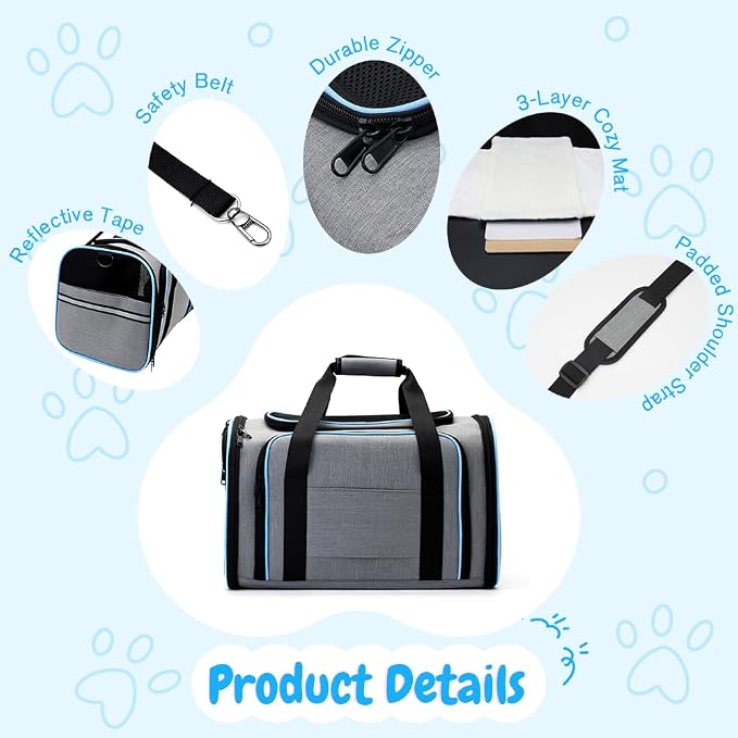 Double Expandable Cat Carrier,Airline Approved Soft-Sided Pet Travel Carrier for Small Dogs Cats under 15 lbs,Waterproof 600D Oxford Fabric with Washable Replacement Liner,Odor-Free & Claw-Proof(Blue)