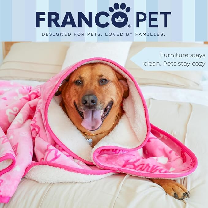 Franco Pet Barbie Super Soft Cozy Waterproof Sherpa-Backed Blanket Throw for Large Dogs, Couch/Bed/Car, 50x60 (Officially Licensed Product)
