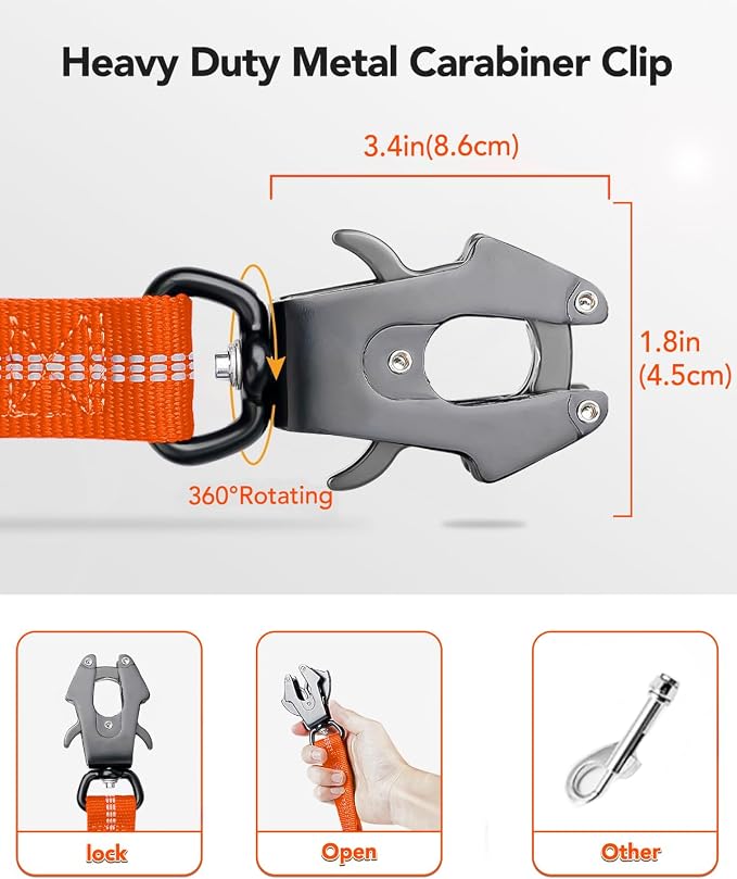 Joytale Tactical Bungee Dog Leash, Shock Absorbing No Pull, Orange | for Large Dogs That Pull, 2 Padded Handles for Control, Car Seatbelt Clip, Reflective for Night Safety, Metal Frog Clip